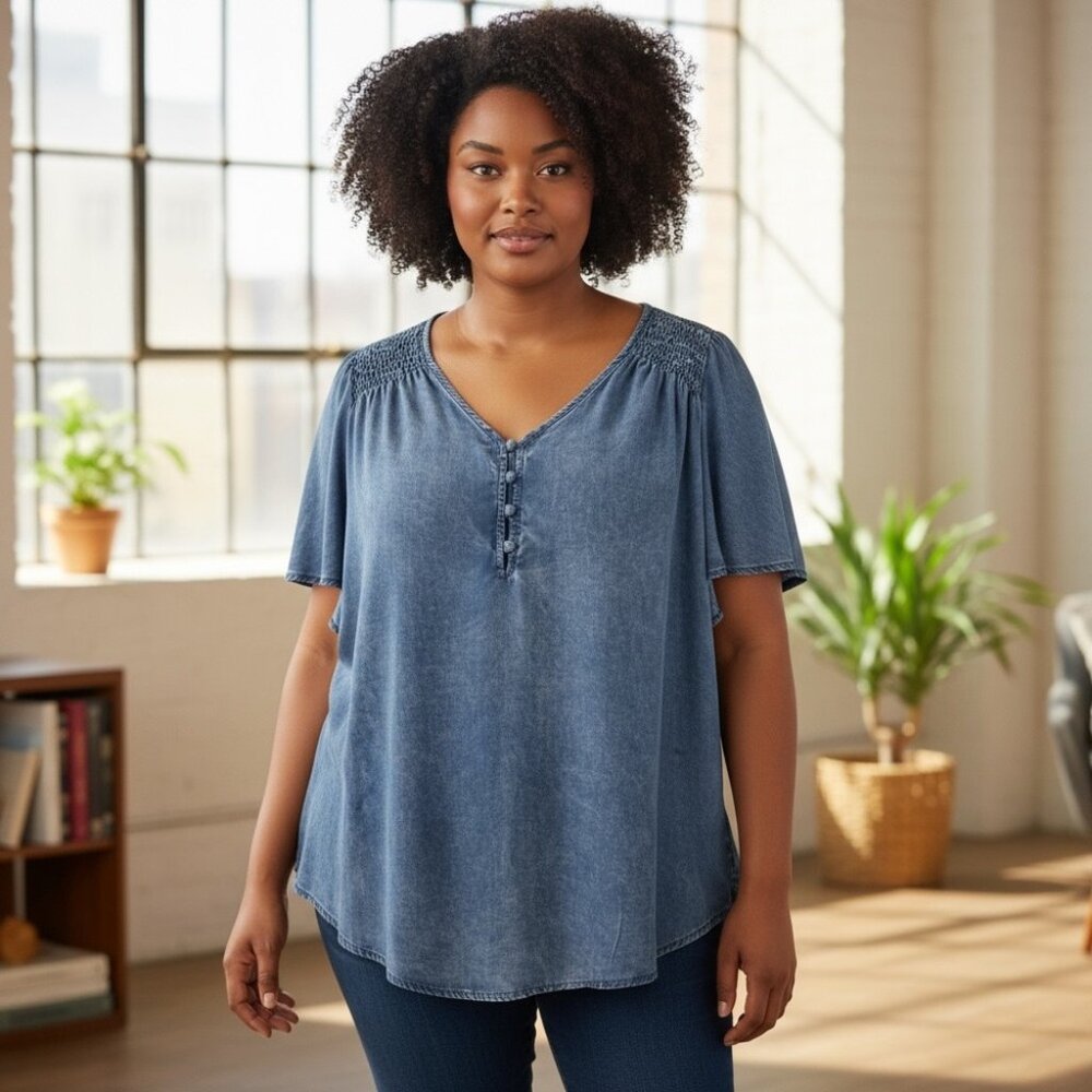 Jane & Delancey‎ Women Chambray Flutter Short Sleeve Blouse Lyocell V-neck 1X